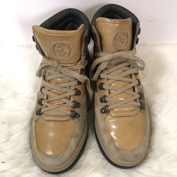 Gucci Authentic Mens Beige Leather Round Toe High Top Lace Up Sneaker Shoes Sz 9 - Picture 1 of 11